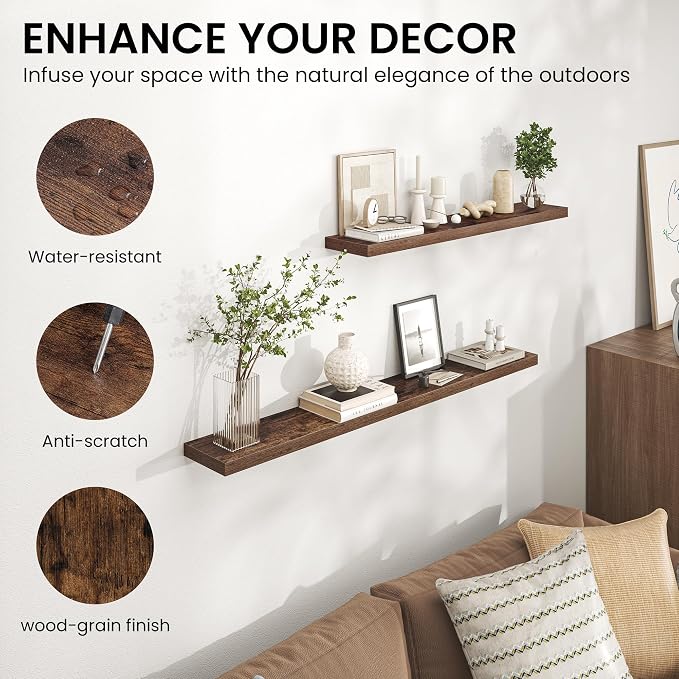 Heimlove 24 Inch Floating Shelves for Wall,Mounted Storage Wood Shelves with Invisible Brackets Hanging Shelf for Bedroom,Living Room,Kitchen,Office,Set of 2,Rustic Brown