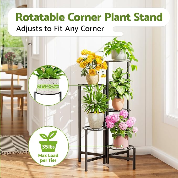 Plant Stand 5 Tier Indoor Metal Flower Shelf for Multiple Plants Corner Tall Flower Holders for Patio Garden Living Room Balcony Bedroom Black Diamond
