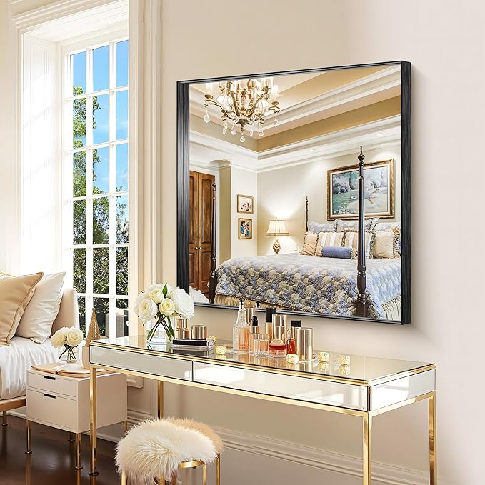 CIRCUMI Black Bathroom Mirror, 36"x36" Rectangular Mirror with Deep Metal Frame, Brushed Finish, Tempered Glass, Mirror for Wall, Oversink, Bedroom, Installed Vertically/Horizontally, Crystal-Clear