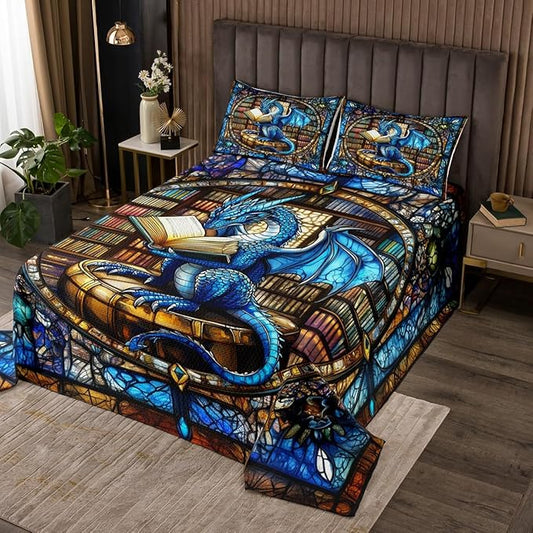 Western Dragon Kids Bedspread Twin Size,Blue Dragon Reading Book Bookshelf Coverlet Set,Boys Girls Room Decor,Geometric Patchwork Abstract Quilted Coverlet,Trippy Chic Bedding Quilt,1 Pillowcase