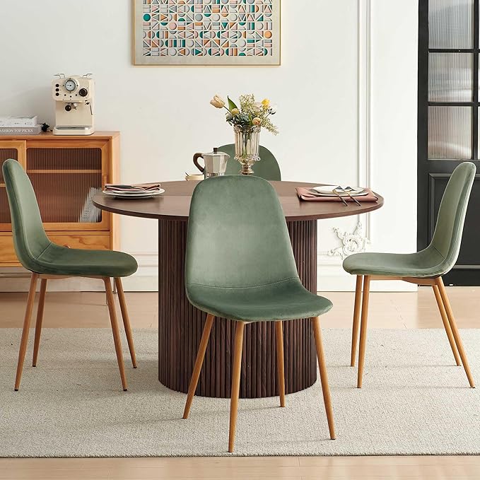 Dining Table Set for 4, Mid Century Modern 47 Inch Wooden Round Dining Table Set, Space Saving (Table + 4 Green Chairs)