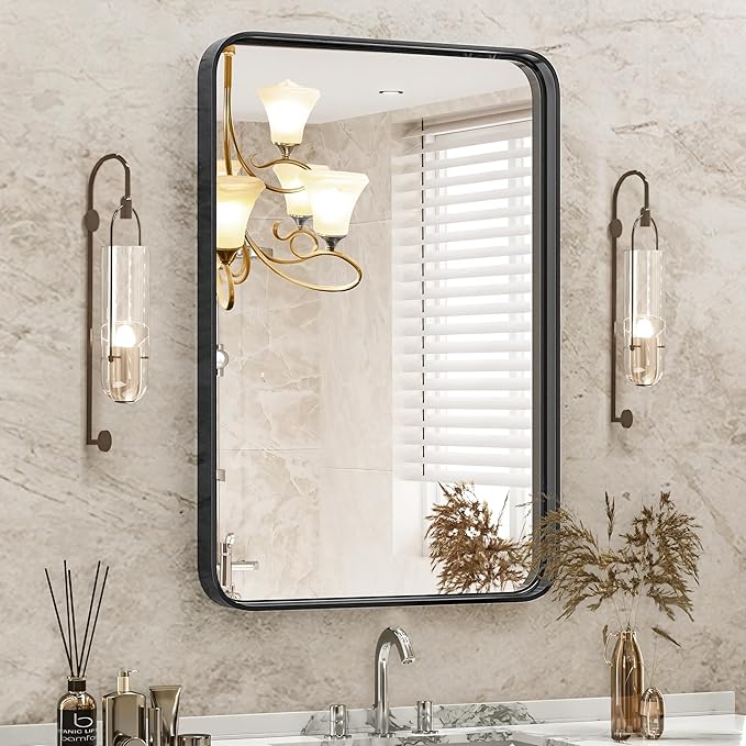 Sweetcrispy 22x30 Inch Black Bathroom Mirrors, Bathroom Mirrors for Over Sink, Rectangle Wall Decor for Entryway, Bedroom, Vanity,Anti-Rust, Horizontal or Vertical Hanging, Black