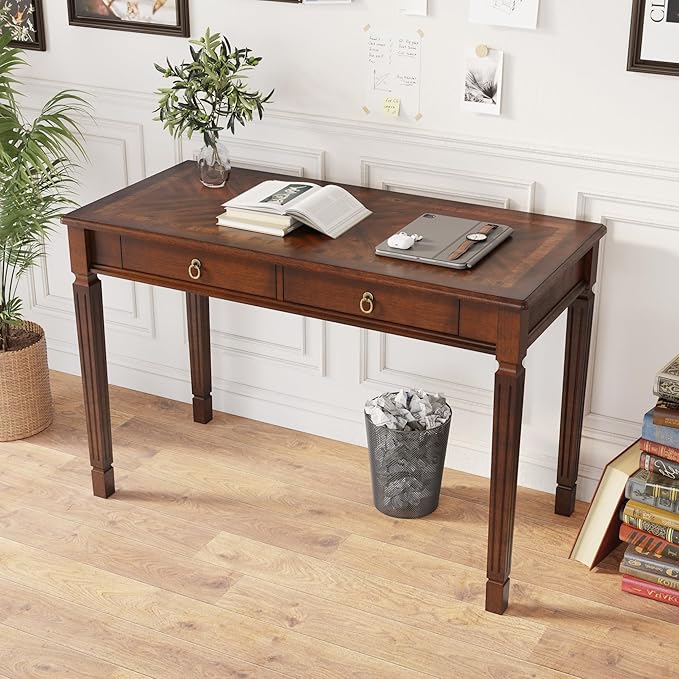 Vintage Wooden Writing Desk with 2 Drawers, Solid Computer Desk Workstation 46in Wide Study Table for Home Office, Small Secretary Table in Cherry Walnut, BSZ-D1258