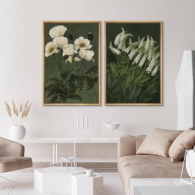 IDEA4WALL Framed Canvas Print Wall Art Set White Bloom Botanical Elegant Green and Cream Floral Illustrations Modern Art Decorative Calm/Zen for Living Room, Bedroom, Office - 16"x24"x2 Natural