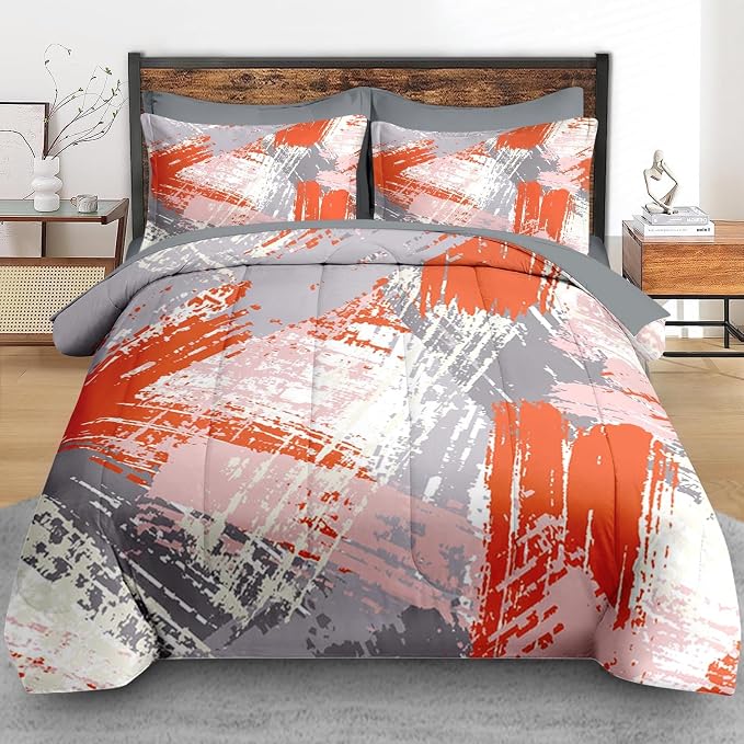 Pamnest Comforter Set Full Size, Urban Graffiti Orange Grey 7 Pcs Bedding for Kids and Adults, Abstract Paint Line Bed Sheet Sets with Fitted Sheet 2 Pillowcase & 2 Sham for Bedroom Bed Decor