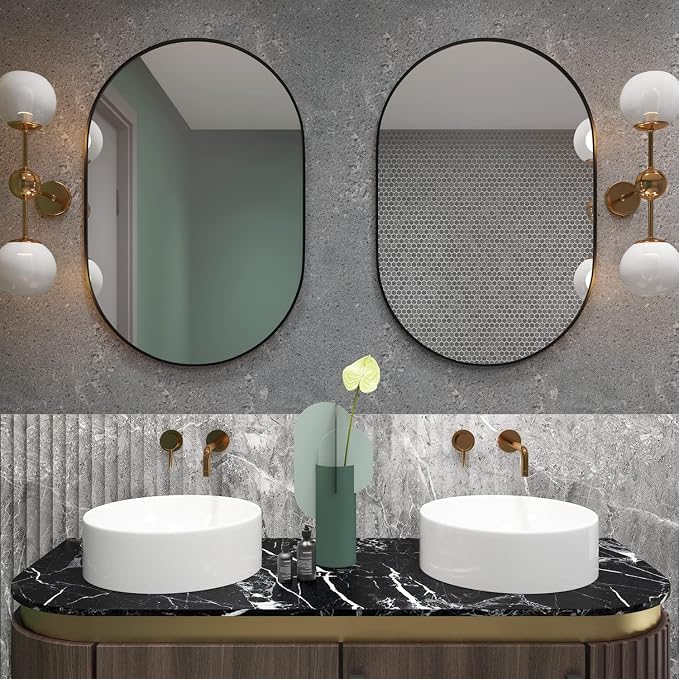 Oval Bathroom Mirror Capsule Wall Mirror, 24"x36" Black Vanity Wall Mounted Mirror, Large Modern Pill Mirrors with Metal Frame, Decor for Entryway, Bedroom, Living Room
