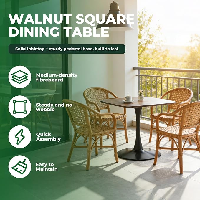31.5" Square Dining Table for 2-4 People with Walnut Tabletop,Mid-Century Walnut Tulip Kitchen Table, Pedestal Base Table for Small Space Home Office Living Room