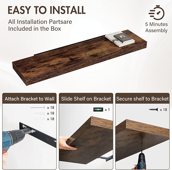 48 Inch Floating Shelves, 12" Deep Floating Shelf Wall Mounted, 48" Wall Shelves, Rustic Deep Bookshelf, Extra Deeper & Thicker Display Shelves for Bedroom, Living Room, Brown, Set of 2