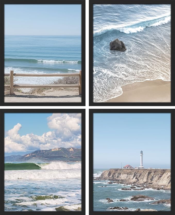 SIGNWIN Framed White Aerial View Blue Ocean Wave Beach Shore Wall Art, Set of 4 Landscape Colorful Wall Decor Prints, Nature Wilderness Wall Décor for Living Room, Bedroom - 11"x14" Black