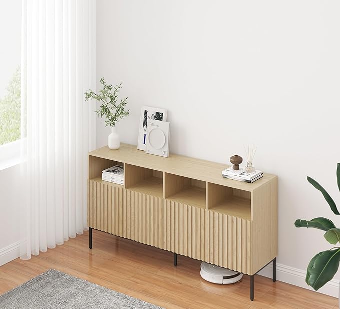 Oxford Fluted Storage Cabinet, Sideboard Buffet Credenza with Doors, Accent Console for Living Dining Room, Entryway, Natural Oak