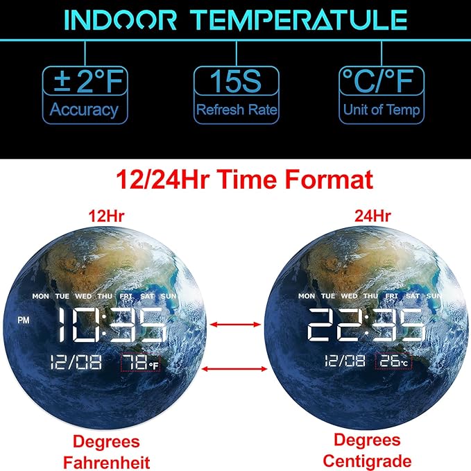 Digital Wall Clock, LED Moon/Earth Design, Temperature Display, 7.87 x 7.87 inches (Earth, 12.59 INCH)