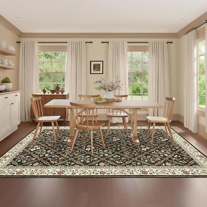 GarveeHome Large Area Rugs 10x13 Washable Rug for Spring Farmhouse Floral Carpet Brown Natural Soft Non Slip Low Pile Faux Wool Stain Resistant for Bedroom Kitchen Bathroom Laundry