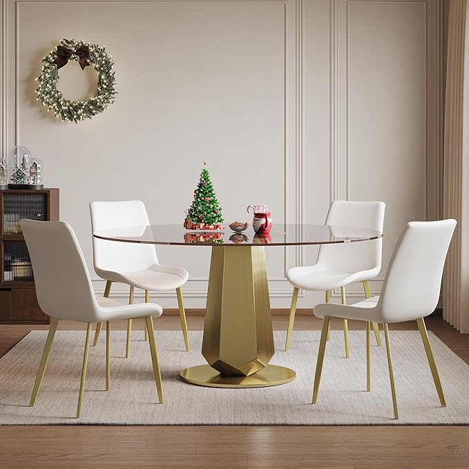 Montary 53 inch Luxury Round Dining Table Set with Smoked Glass Top & Gold Stainless Steel Base, Modern 5-Piece Kitchen Set for 4-8 People, Dining Table with 4 White PU Chairs, Easy Assembly