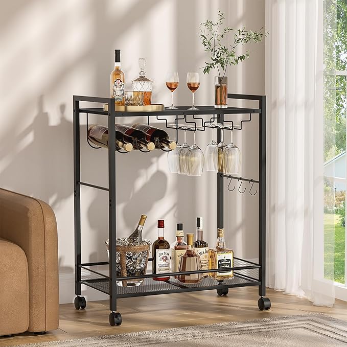 Bar Cart, Home Bar Serving Cart with 2-Tier Shelf,Rolling Beverage Cart with Wheels,Mobile Kitchen Shelf,Modern Black Wine Drink Cart with Wine Rack and Glass Holder for Kitchen,Dinning Room