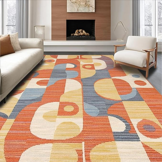Flatwoven High Traffic Area Rug 4x6, Vibrant Geometric with Artistic Swirls and Colorful Motifs, Non Slip, Stain Resistant, Washable Area Rugs for Living Room, Bedroom (Orange, 4x6)