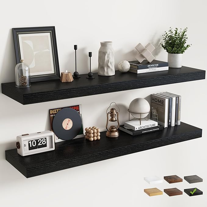 Floating Shelves for Wall with Invisible Brackets, Wall Mounted Engineered Wood Shelves with Wood Grain for Living Room, Bedroom, Bathroom, Kitchen Decor and Storage, Oak, 55"L Set of 2, Black