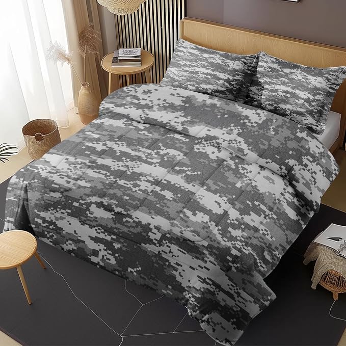 Comforter Set with Pillowcase Twin Size, Gray Camouflage Digital Camo Army Military, Bed Decor Grey Navy Brown Us Black White for Kids and Adults, Soft Cozy Bedroom Bedding Set