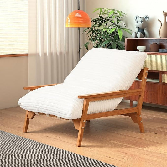 WJShome Modern Accent Chair, Comfy Chaise Lounge Chair with Ash Wood Armrest, Upholstered Armchair with Soft Cushion for Bedroom Balcony Lounge Reading Room, Beige