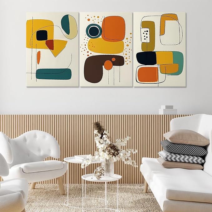 Hotuijxca Color Block Abstract Canvas Wall Art, Color Geometric Abstract Canvas Wall Art, Mid-Century Modern Colorful Block Wall Painting for Living Room, Bedroom, Office (12" x 18" x 3 pcs)