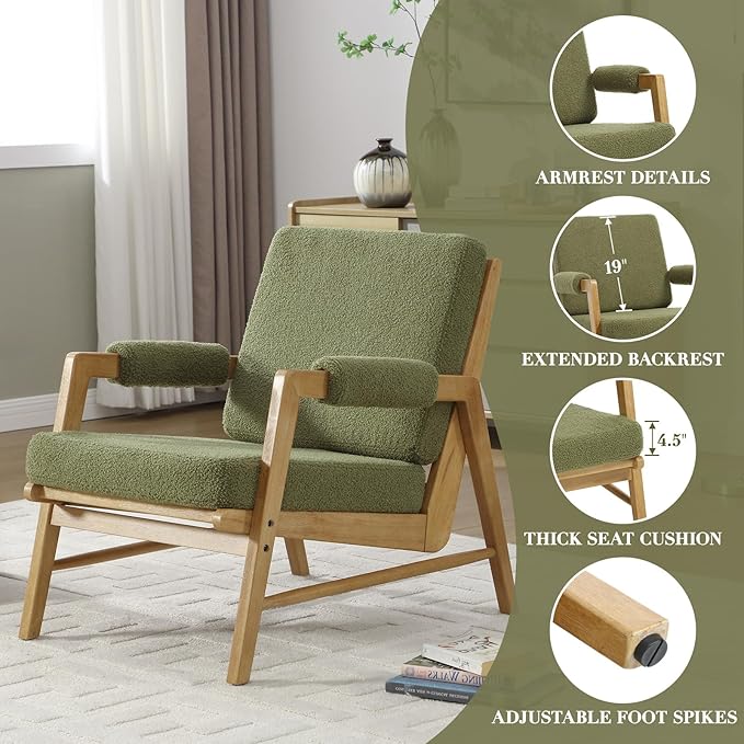 CIMOTA Mid Century Modern Accent Chair Set of 2, Boucle Upholstered Living Room Chairs with Arms, Comfy Reading Chair with Solid Wood Frame, High Back for Bedroom, Waiting Room, Office, Green