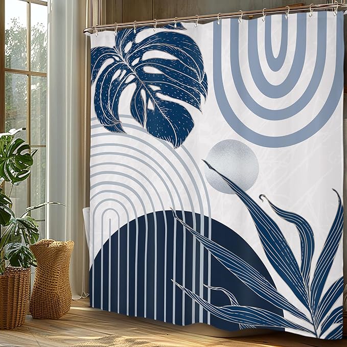 Miyotaa Abstract Blue Minimalist Shower Curtain Set 60Wx71H Inches Modern Aesthetic Mid Century Leaves Contemporary Neutral Plant Waterproof Bathroom Curtain with 12 Hooks