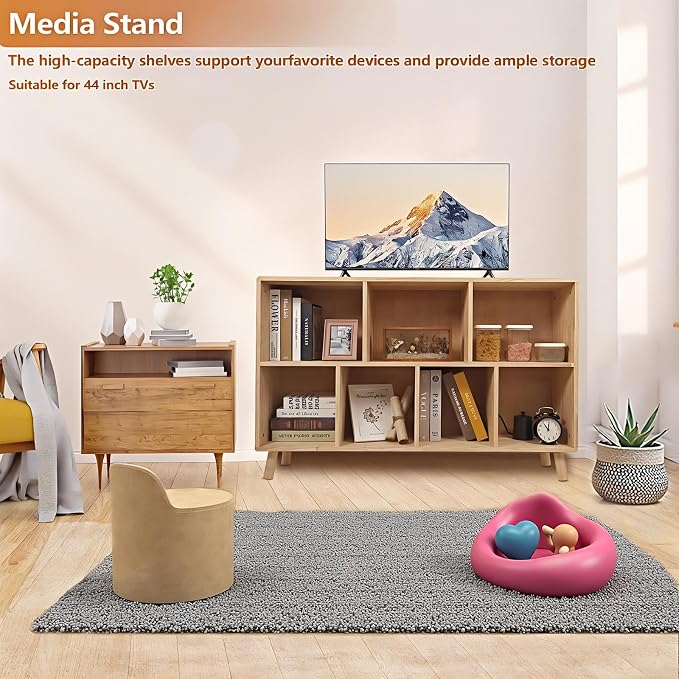 YZU 45" Wide Bookshelf, 7 Cube Storage Organizer, Solid Wood for Home, Office, Natural Wood