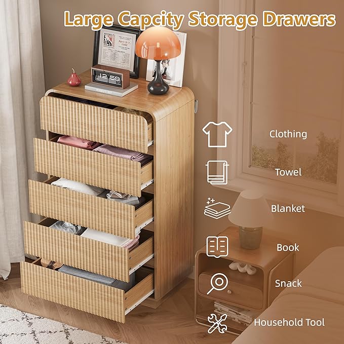 Natural Oak Dresser Fluted Tall 5 Drawer Dresser for Bedroom, Wood Chest of Drawers with Hidden Handles & Rounded Corners, Modern Storage Cabinet and Organizer Drawers for Living Room, Hallway
