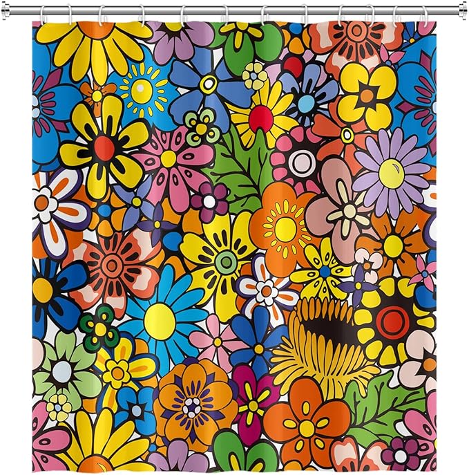 Bohemia Colorful Flowers Bathroom Shower Curtain Funky Retro Hippie 60s 70s Aesthetic Washable Polyester Durable Fabric Home Shower Curtain with Hooks, 72x72 Inch