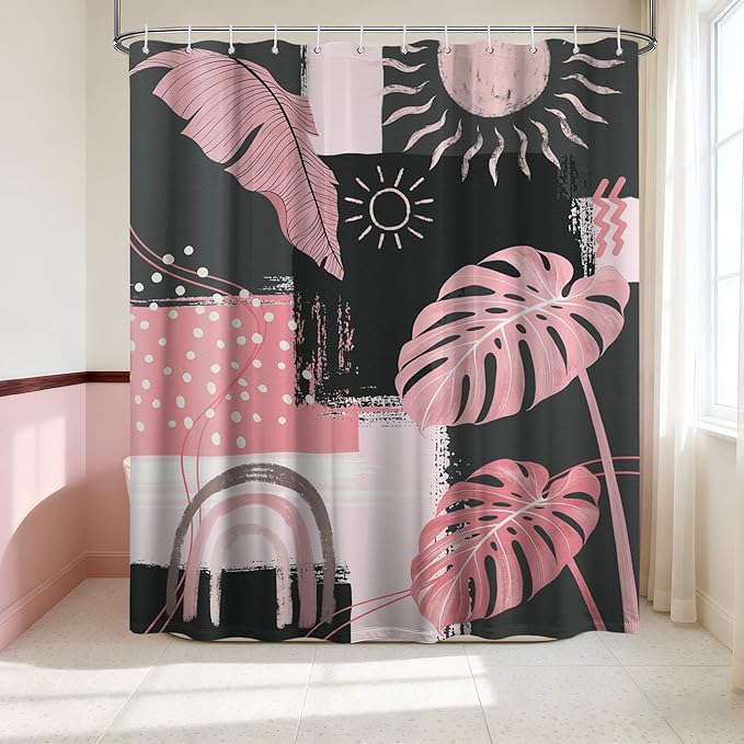 Extra Long Shower Curtain 96 Inchs Extra Tall Pink and Gray XL Mid Century Modern Boho Abstract Shower Curtains for Large Bathroom Decor Sets, Waterproof Cloth Fabric with Hooks, 70 x 96 Inch