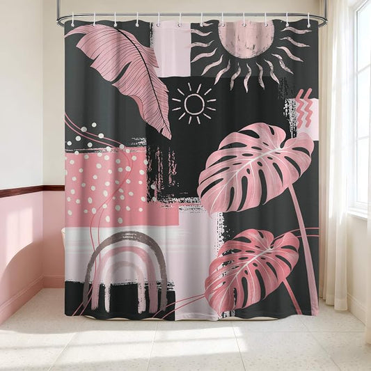 Pink and Gray Mid Century Modern Shower Curtain Bohemian Abstract Light Pink and Grey Shower Curtains for Bathroom Decor Sets, Waterproof Cloth Fabric with Hooks, 70x78 Inch