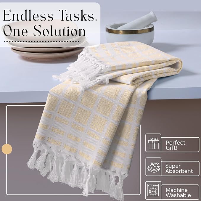 Matrix Dobby Kitchen Towels 4 Pack, 100% Cotton, 16x26 Inches, Absorbent Tea Towels with Handmade Tassels, Reusable Washable Cloths for Quick Drying and Cleaning - Pale Yellow, White