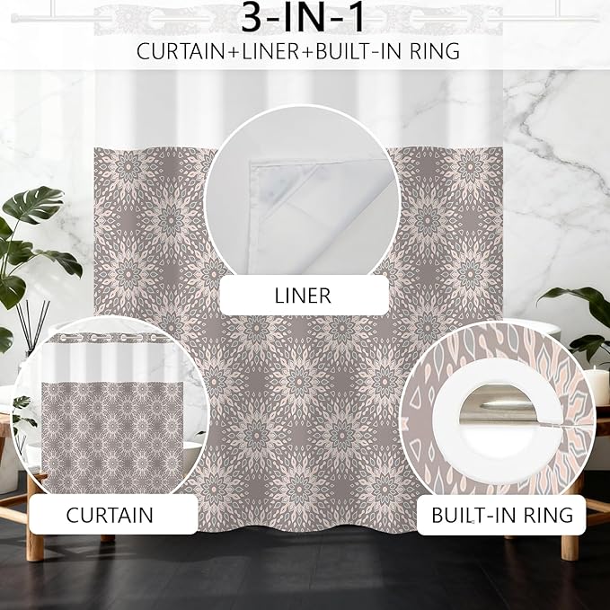 No Hook Shower Curtain with Snap in Fabric Liner Set, Waterproof Bath Curtain with Stylish Gray Floral Design, Mandala Pattern with See Through Top Window, 71x74 Inches