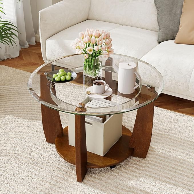 GOFLAME Glass Coffee Table with Storage, 32” Rolling Round Center Table with Tempered Glass Top, Solid Rubber Wood Legs, Wheels, Mid-Century Modern, 2-Tier Circle Tea Tables for Living Room (Walnut)