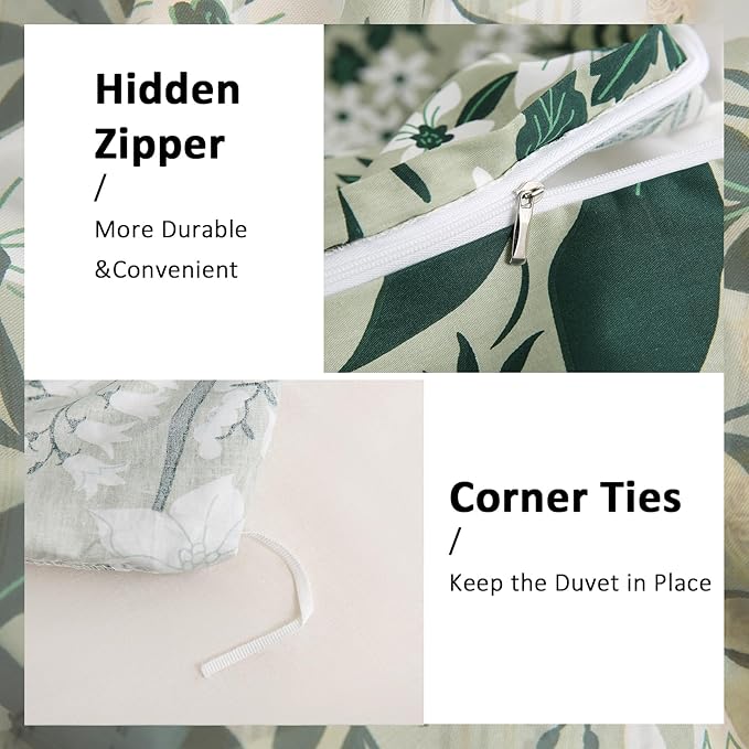 Green Floral Duvet Cover King 100% Cotton Decorative Emerald Duvet Cover 3 Pcs Set Dark Green Botanical Duvet Cover with Zipper Ties 2 Pillowcases Tropical Floral Bedding
