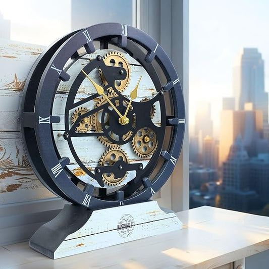 ImprovingLife The Gears Clock Desk Clock 10 inches with Real Moving Gears Convertible into Wall Clock (Desert Beige)