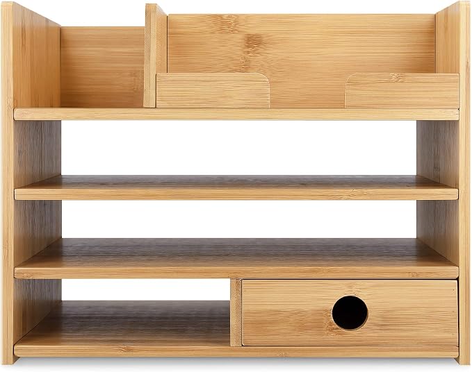 Navaris Bamboo Desk Organizer - Wood Desktop Storage Drawers and Compartments for Organizing Stationery, Documents, Files, Office Accessories