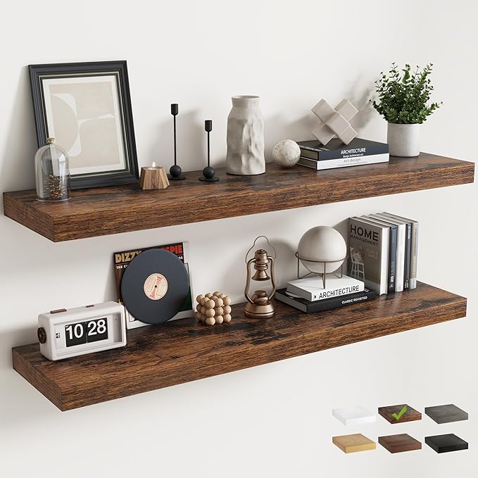 Floating Shelves for Wall with Invisible Brackets, Wall Mounted Engineered Wood Shelves with Wood Grain for Living Room, Bathroom, Kitchen Decor and Storage, Oak, 55"L Set of 2, Rustic Brown