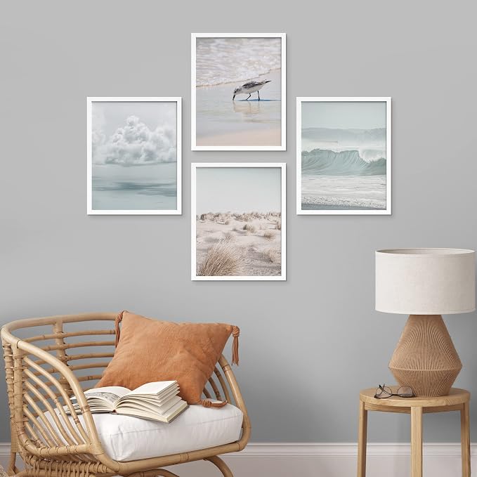SIGNWIN Framed White Nautical Ocean Sea Beach Grass Seagull Wall Art, Set of 4 Landscape Colorful Wall Decor Prints, Nature Wilderness Wall Décor for Living Room, Bedroom - 8"x10" White