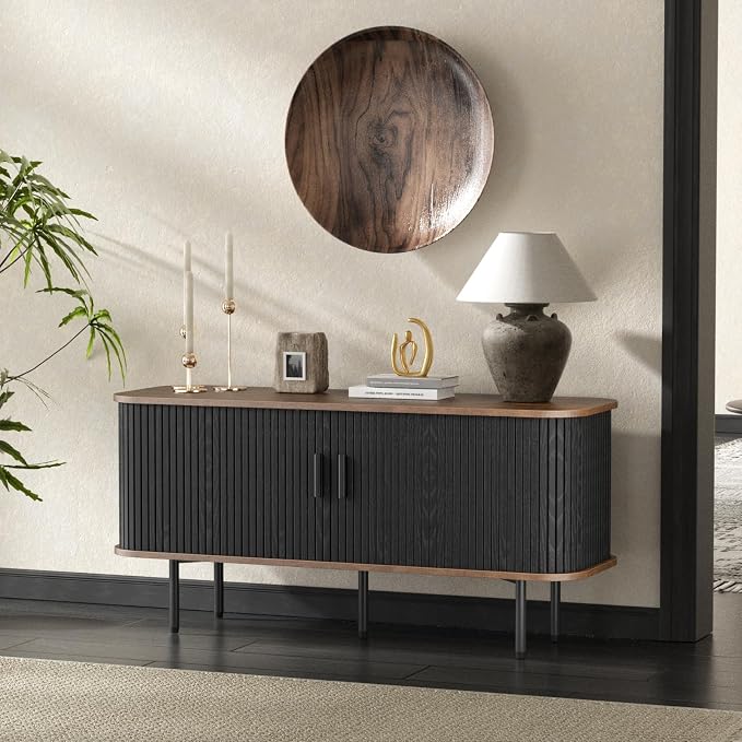 55''W Black Cabinet with Storage, Media Console, Tambour TV Stand, Television Stands with Curvy Edge; Sliding Door, Fluted Cabinet, Buffet Sideboard, Credenza, Table Stand for Living Room, Kitchen