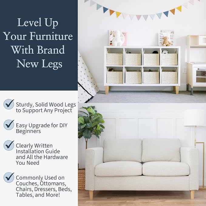 Airy Abode Premium Ash Wood Square Furniture Legs (Full Install Kit) - Pick Your Size and Color