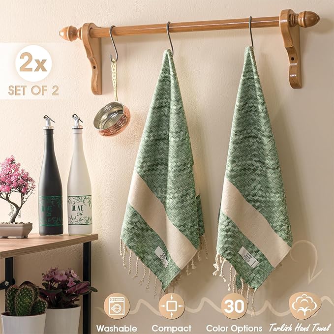 Hand Towels - Set of 2 | 18" x 30" - Decorative Turkish Hand Towel for Bathroom, Kitchen, Guest, Face, Hair, Tea, Dishcloth (Diamond, Apple Green)