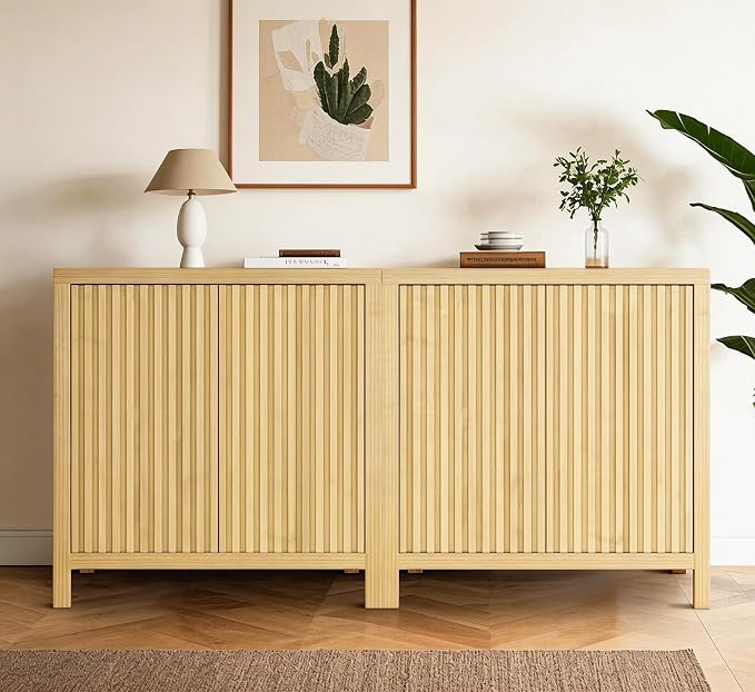 ZYBT Fluted Sideboard Buffet Cabinet, Mid Century Modern Accent Cabinet with 2 Doors and Adjustable Shelf, Storage Cupboard Credenza Console Table for Living Kitchen Dining Room Hallway (Oak)