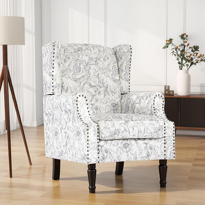 High Back Floral Accent Chairs Set of 2, Fabric Wingback Chair Upholstered Armchair for Living Room - Rococo Light Gray