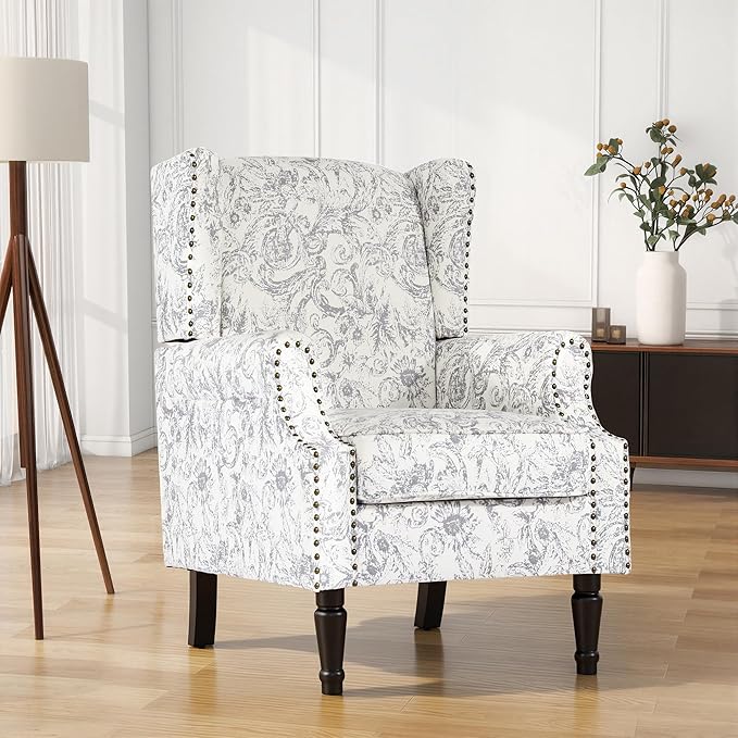 High Back Floral Accent Chair, Fabric Wingback Chair Upholstered Armchair for Living Room - Rococo Light Gray