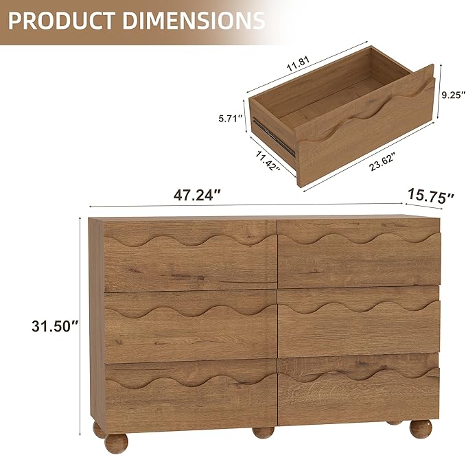 Scalloped Dresser for Bedroom with 6 Drawers, 47" Wide Modern Chest of Drawers with Hidden Handle, Fluted Wood Closet Clothes Storage Organizer, Wooden Dresser for Living Room, Hallway, Natural Oak
