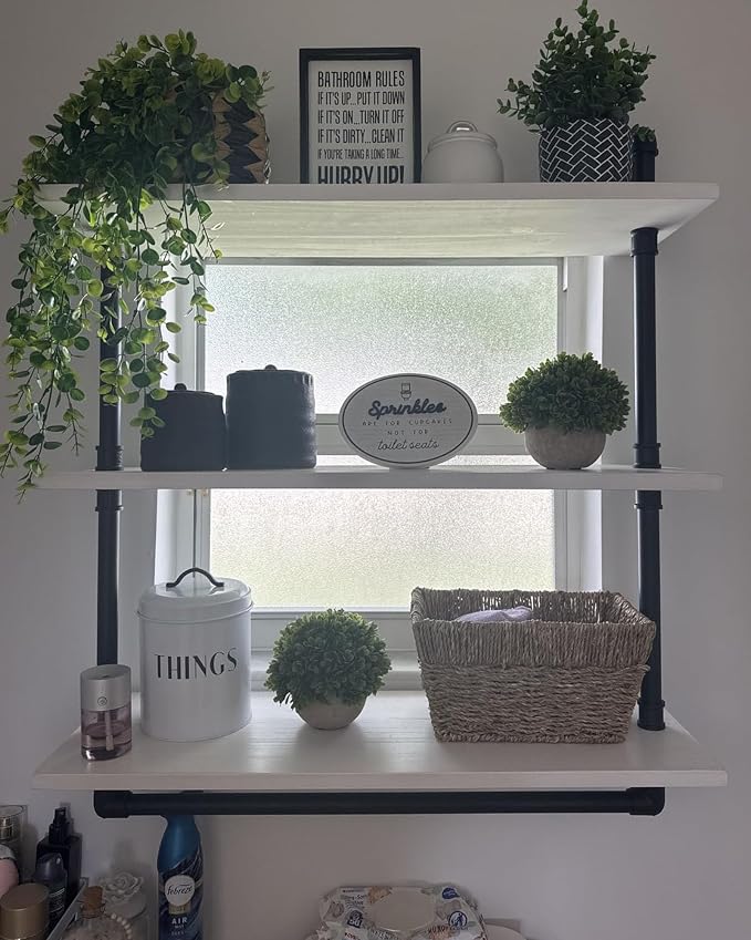 ROGMARS Industrial Pipe Shelving Floating Shelves with Towel Rack,3 Tier 30 inch Retro White Rustic Bathroom Shelves Farmhouse Pipe Wall Shelves for Kitchen Storage,Living Room