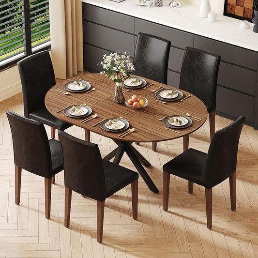 Round Dining Table Set for 6, 43-59" Extendable Dining Room Table Set, Walnut Wood Grain Table and 6 Black PU Leather Upholstered Chairs Set, Mid Century Modern Kitchen Table Set with Cross Legs