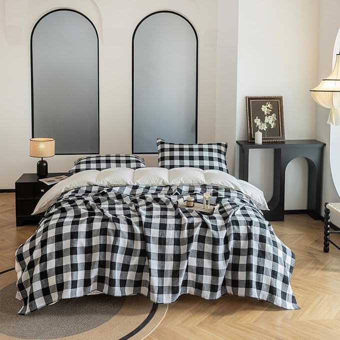 EVERLY Linen Sheets Set Twin Size,100% French Stonewash Pure Linen Sheets Set,4Pieces (1Flat Sheet,1Fitted Sheet,2Pillowcase) Suitable for Hot Sleepers,Deep Pocket Natural Bedding Set-Black Plaid