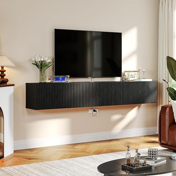 Floating TV Stand with 3 Doors,63IN Wall Mounted TV Cabinet,Slatted Floating Media Console Entertainment Center with Storage,Under TV Shelf for Bedroom Living Room,Black