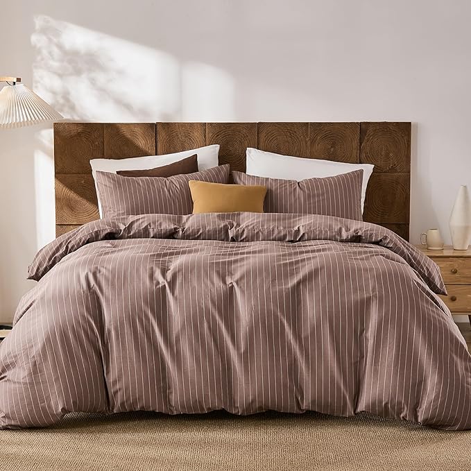 Merryword 100% Cotton Duvet Cover Set Queen Size, Brown Pinstripe Bedding Set with 2 Pillowcases, Soft Breathable Comforter Cover, Natural Cotton Linen Like Bedding Set for Cozy Home Bedroom